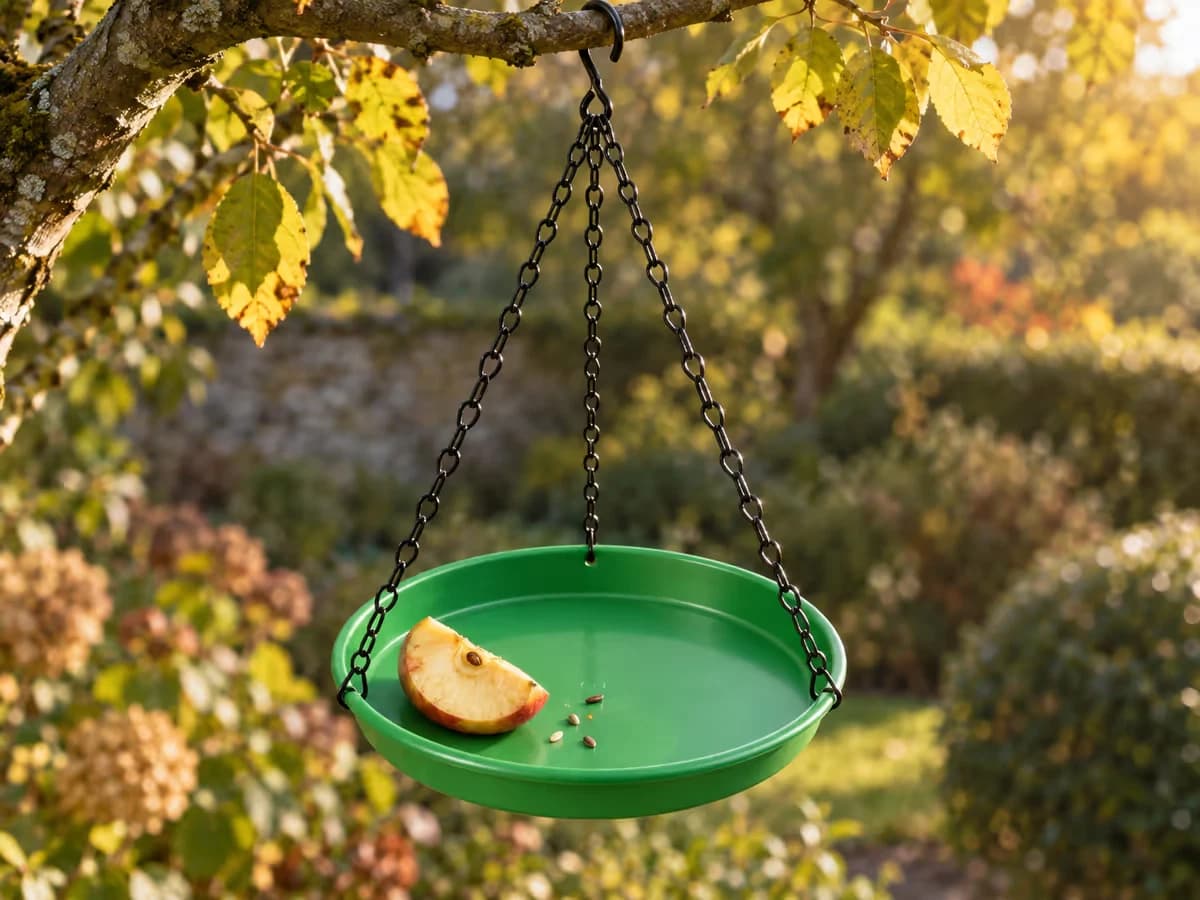 Quartier de pomme mûre posé sur le rebord d'un plateau de mangeoire suspendu dans un arbre, lumière d'automne