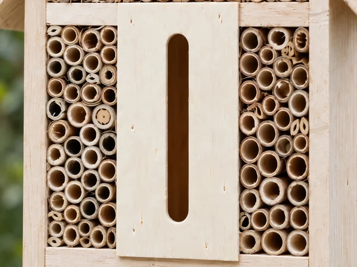Façade d'un abri à insectes vue de près, tubes de roseau ouverts de calibres différents serrés côte à côte