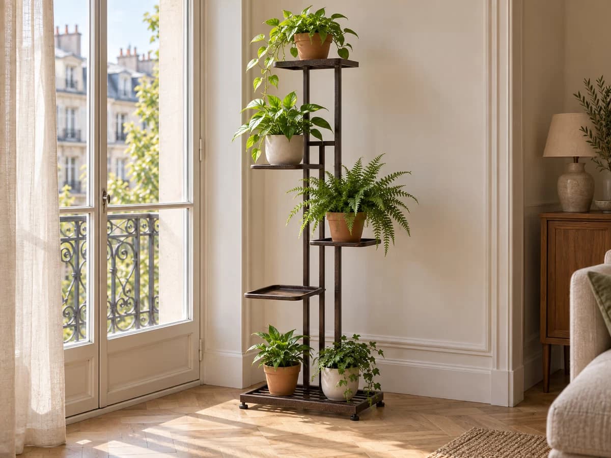 Colonne à plantes le long d'une fenêtre, plateaux du haut éclairés, socle dans l'ombre du rebord et du mur