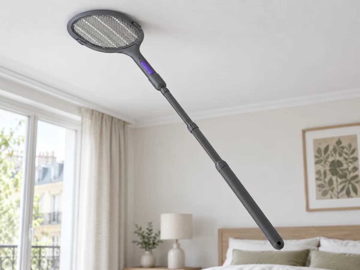 Tête ovale d'une raquette anti moustique inclinée à plat vers un plafond blanc, manche télescopique déployé