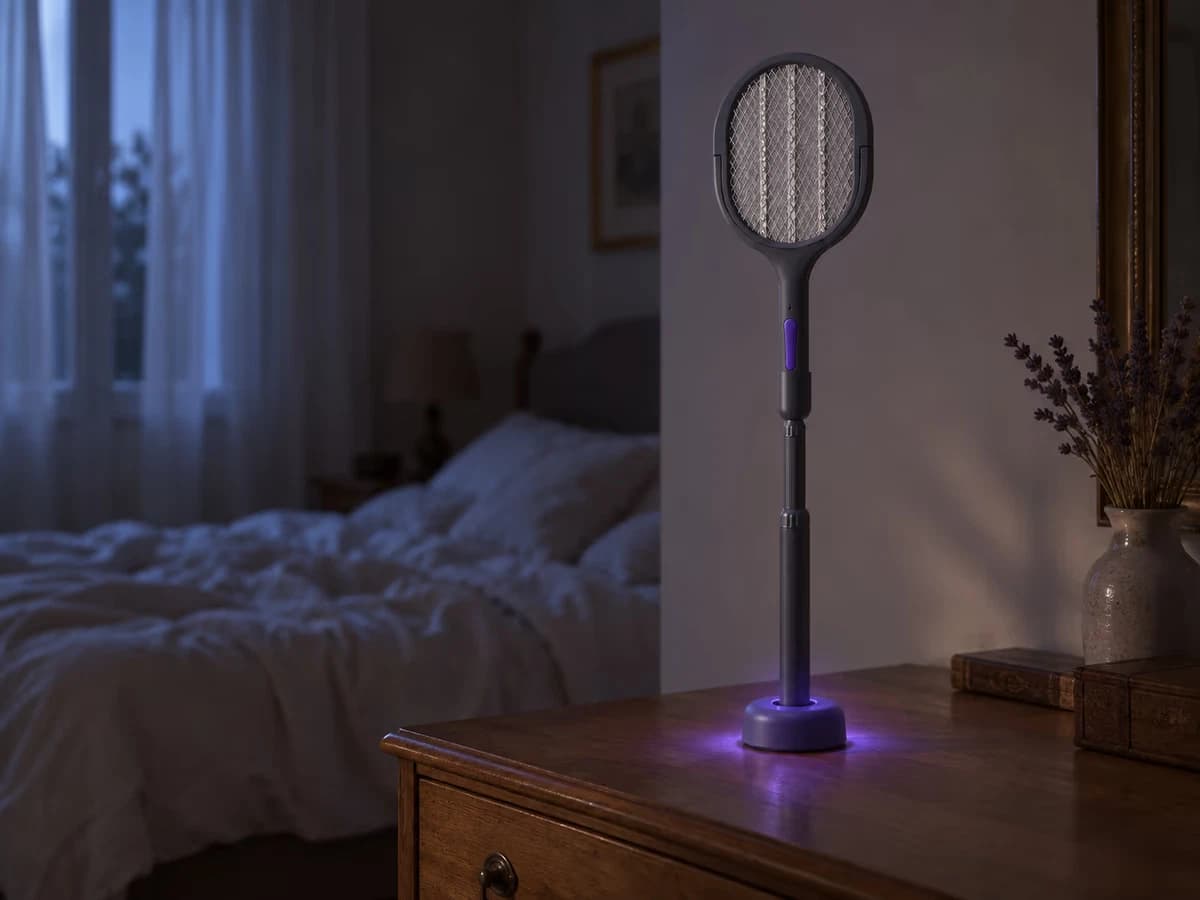 Socle de recharge avec lampe UV violette allumée posé sur une commode, à l'écart d'un lit défait