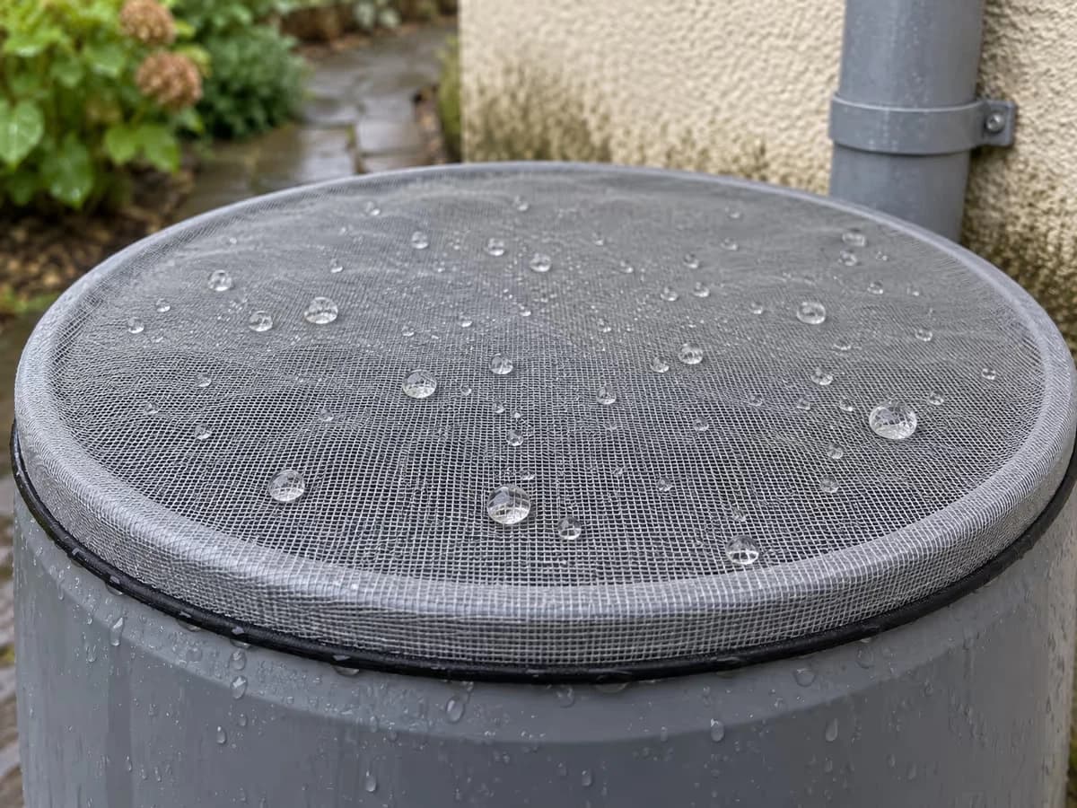 Bidon de récupération couvert d'un tissu tendu maintenu par un élastique, maille visible en gros plan, gouttes de pluie en surface