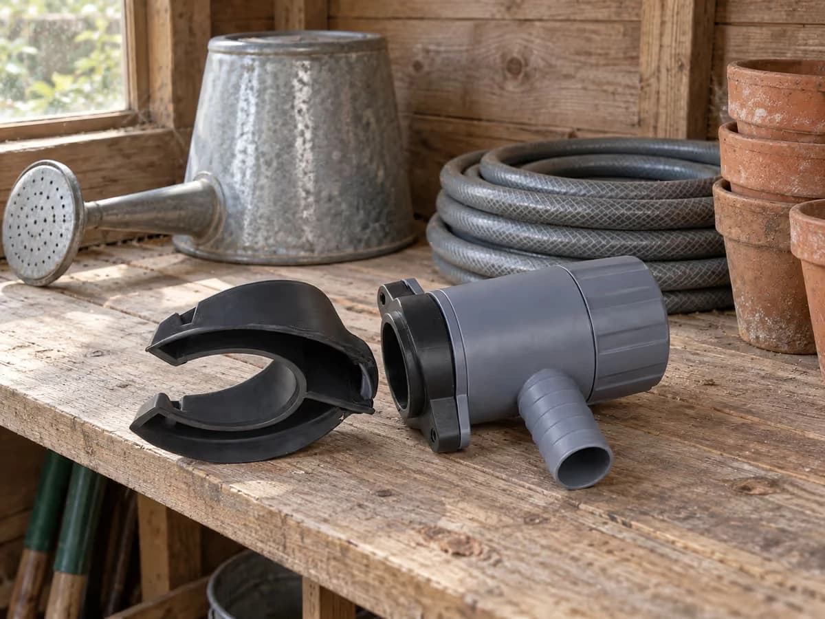 Collecteur gris et collier noir rangés sur une étagère d'appentis, au sec, à côté d'un arrosoir renversé pour sécher