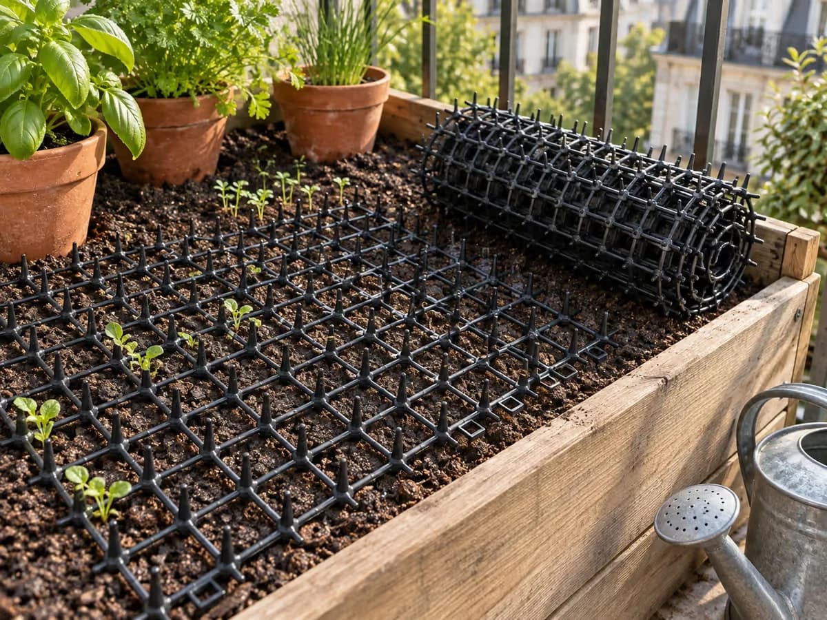 Tapis a picots souples pose sur un carré de semis fraichement plombe dans un potager de balcon