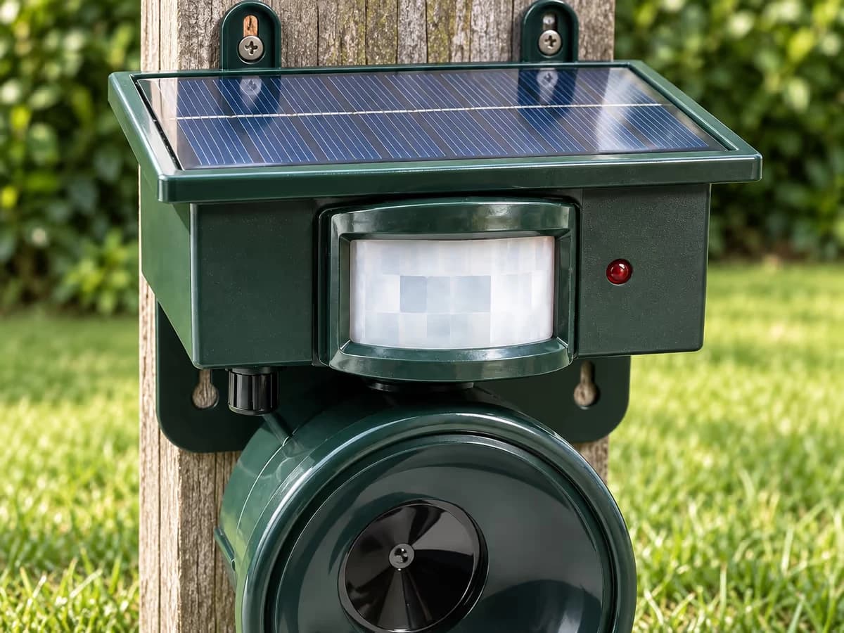 Gros plan sur la façade d'un boîtier solaire vert, sélecteur de fréquences et détecteur de mouvement, herbe courte devant