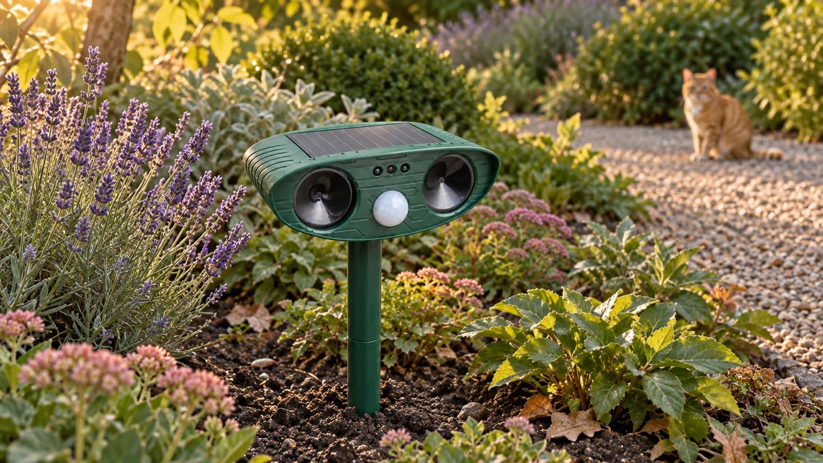 Boîtier répulsif vert à panneau solaire planté dans un massif, chat roux assis immobile à distance, lumière dorée