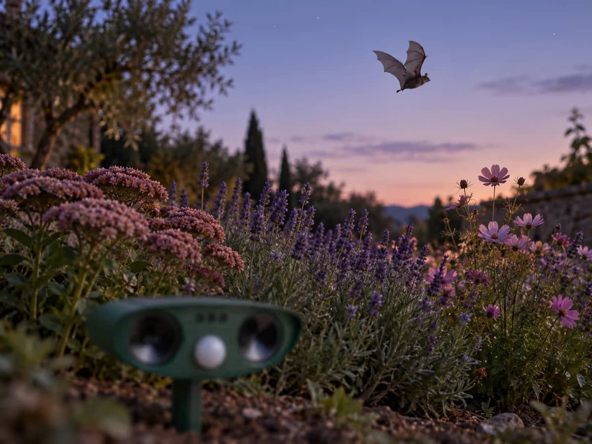 Chauve-souris en vol au crépuscule au-dessus d'un massif fleuri, boîtier répulsif vert flou au premier plan près du sol
