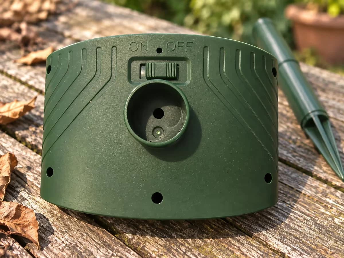 Dos du boîtier répulsif vert posé sur une table de jardin, interrupteur coulissant ON OFF visible près du logement du piquet