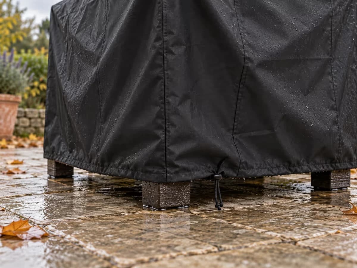 Pieds d'un salon de jardin en bois encore humides sous l'ourlet d'une housse noire, dalle de terrasse tachée par le ruissellement