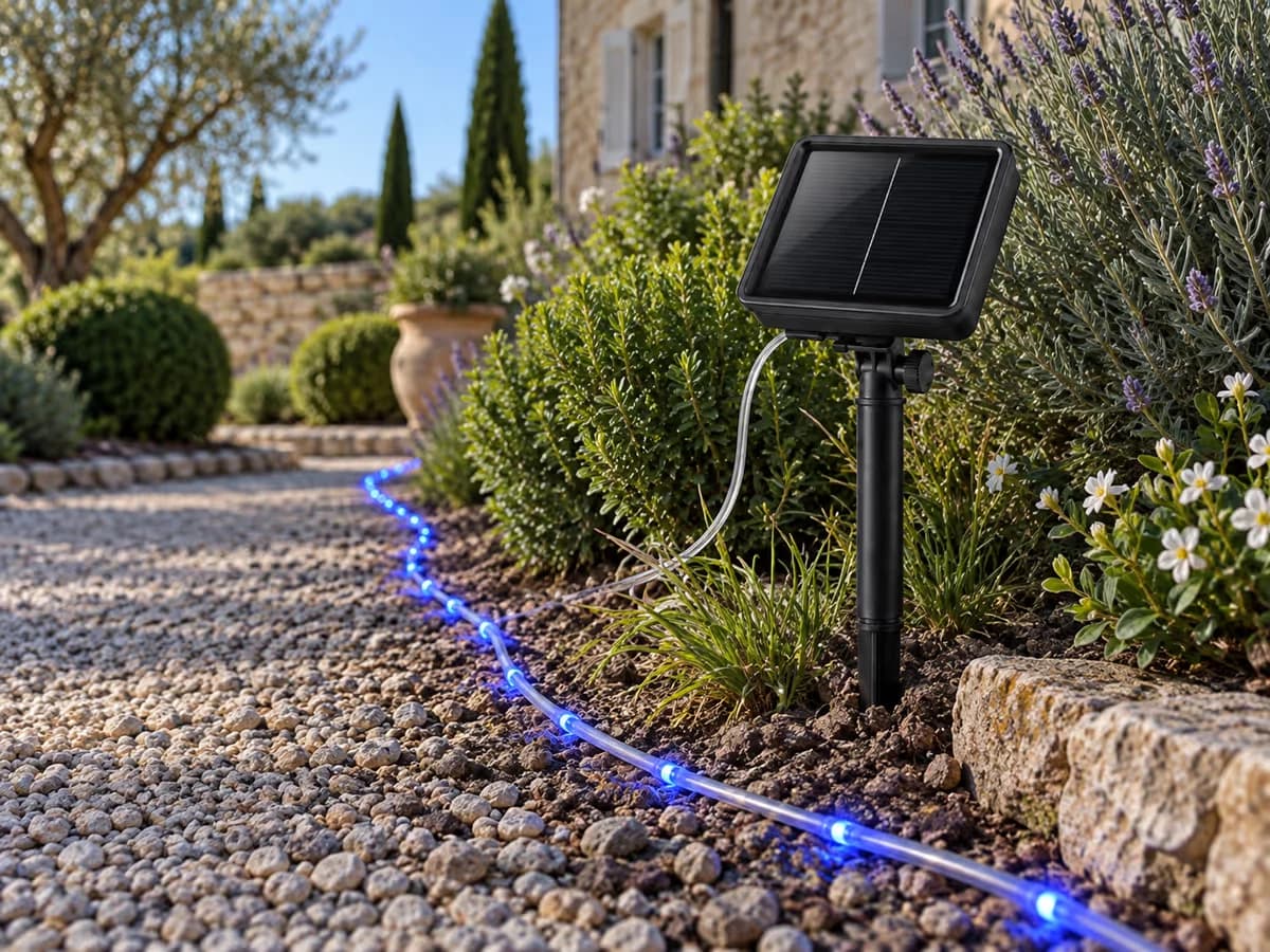Panneau solaire de corde lumineuse sans feuille ni flaque d'eau autour du piquet