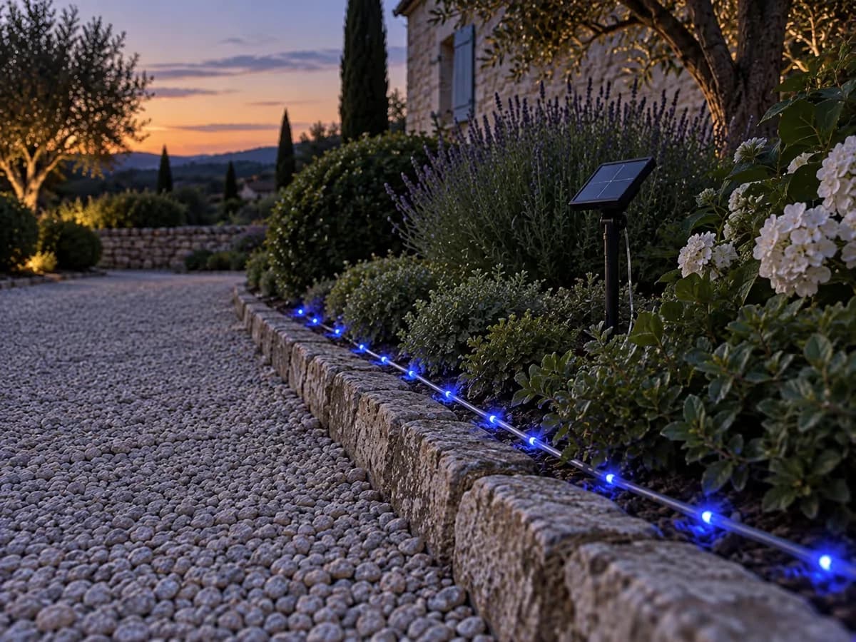 Corde lumineuse bleue posée en retrait d'une allée pour éviter les trébuchements