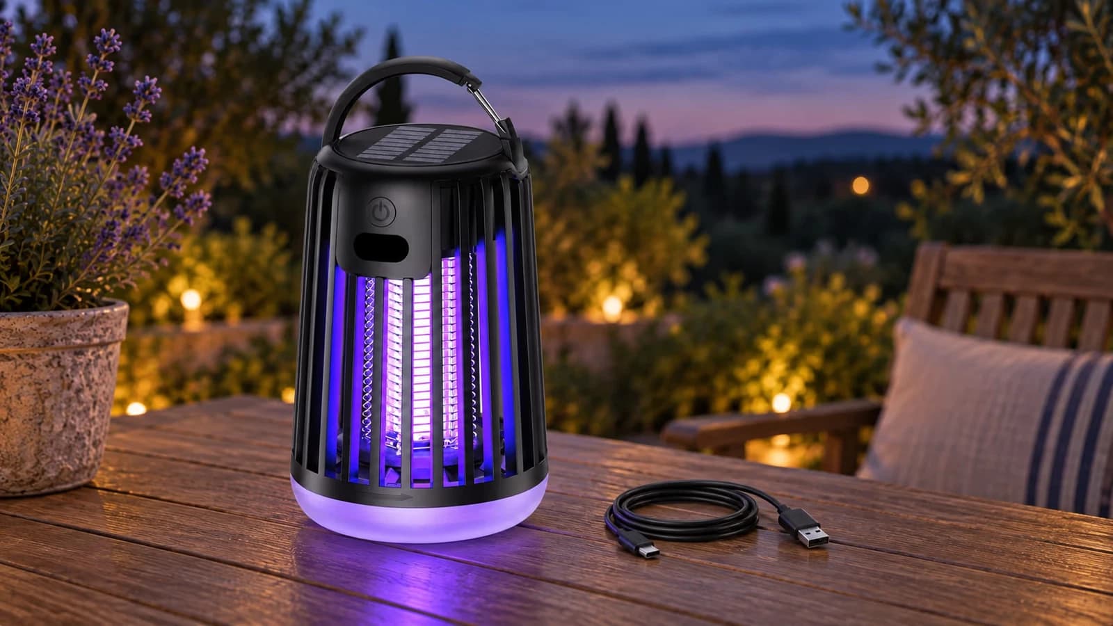 Lampe anti moustique rechargeable posée sur une table de jardin au crépuscule, avec son câble de recharge enroulé à côté
