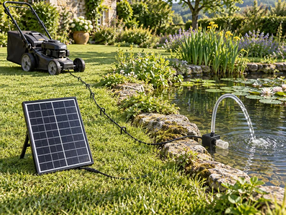 Câble noir d'un panneau solaire couché dans l'herbe tondue jusqu'au bord d'un bassin, tondeuse à l'arrêt