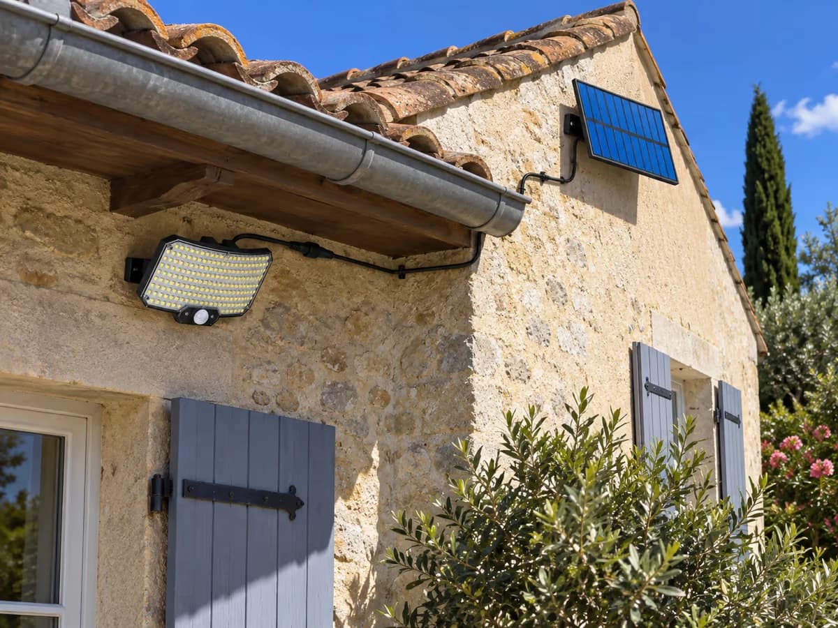 Bloc de projecteur solaire noir fixé à l'ombre sous un débord de mur, panneau déporté en plein soleil sur le pignon voisin