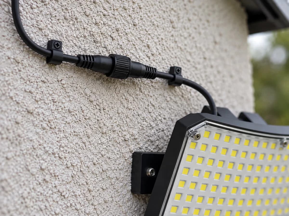 Gros plan du raccord vissé entre le câble gainé et le boîtier d'un projecteur solaire, deux colliers contre un mur crépité