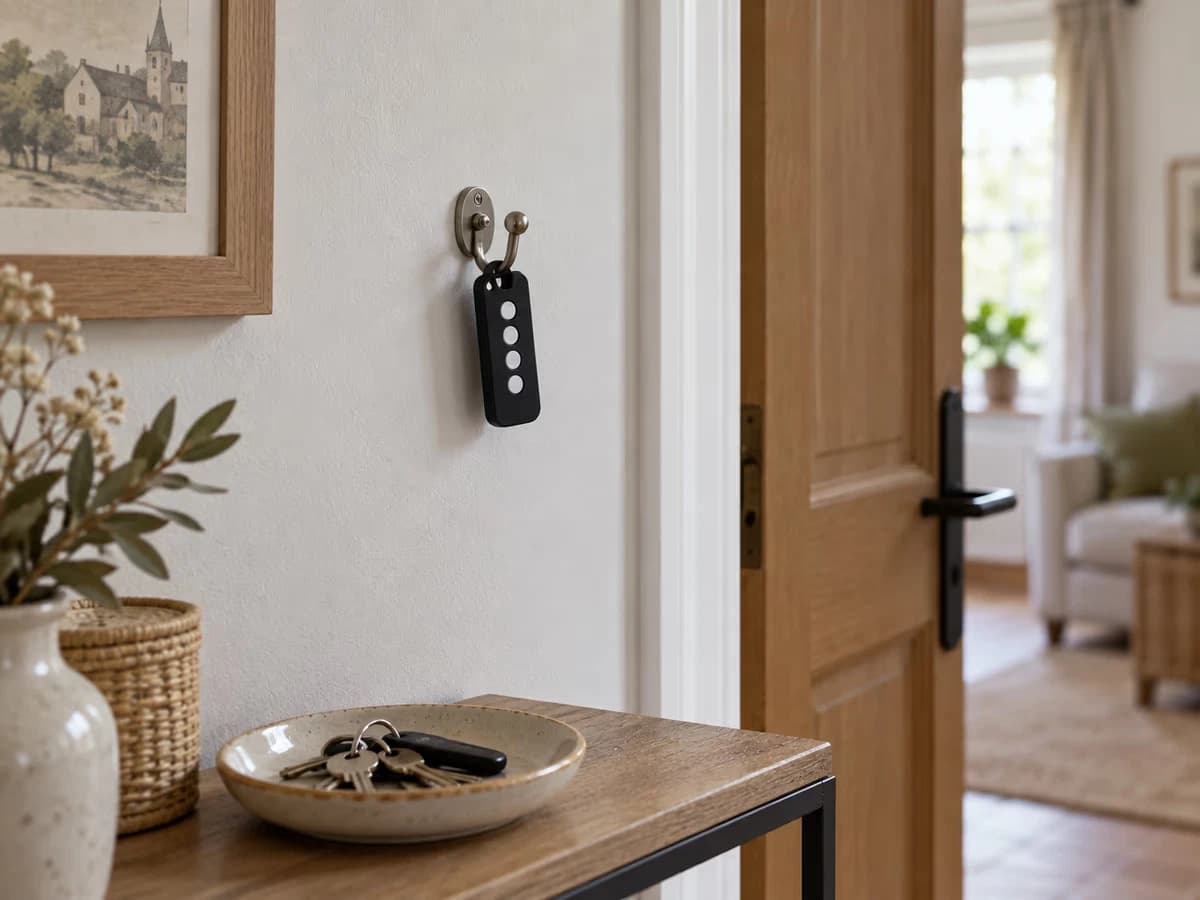 Télécommande de projecteur solaire suspendue à un crochet mural près d'une porte, à l'intérieur, mur clair en arrière-plan