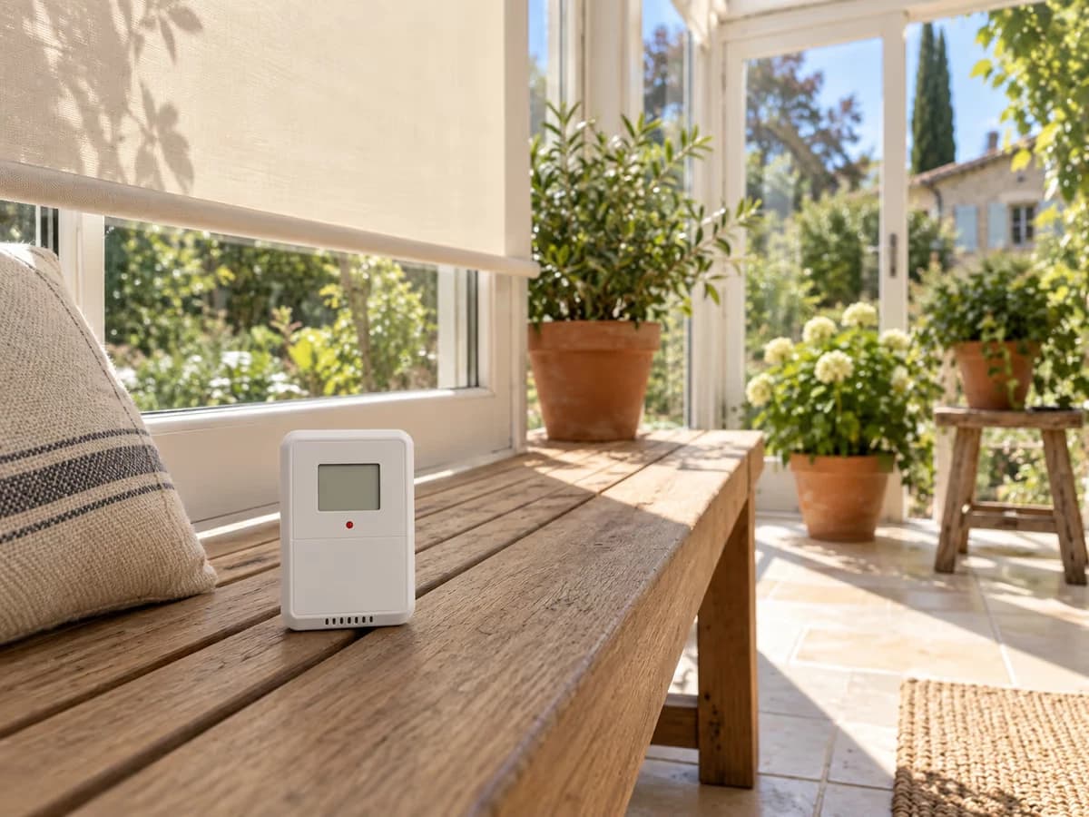 Véranda baignée de soleil, une sonde blanche posée à l'ombre d'un store, un banc en bois et des plantes en pot