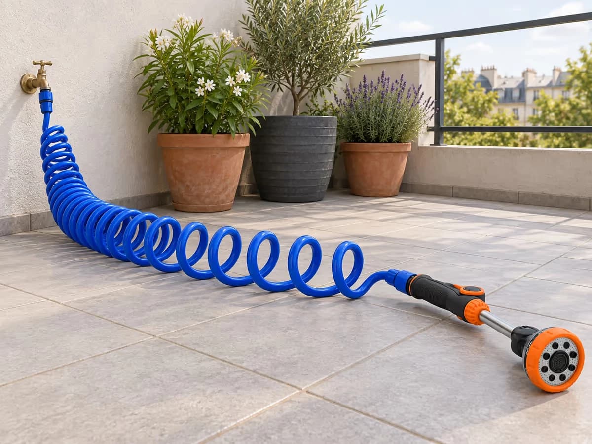Tuyau spiralé bleu étiré en accordéon depuis un robinet de balcon, pistolet d'arrosage posé au sol près de trois jardinières