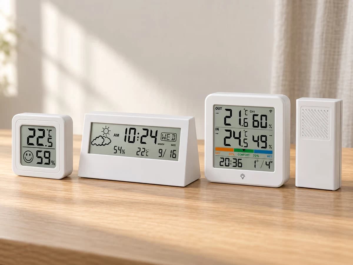 Trois thermomètres hygromètres alignés sur une table en bois, un bandeau transparent avec horloge au centre, un petit boîtier carré à gauche, un modèle à sonde à droite