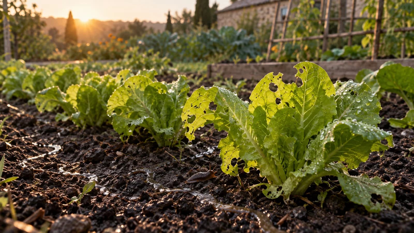 Jeunes salades en terre au potager au lever du jour, feuilles percées de trous et traînée de bave argentée