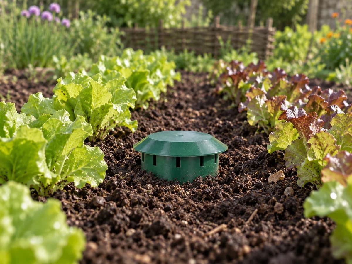 Piège à limaces enterré au ras du sol entre deux rangées de salades, ouverture affleurant la terre