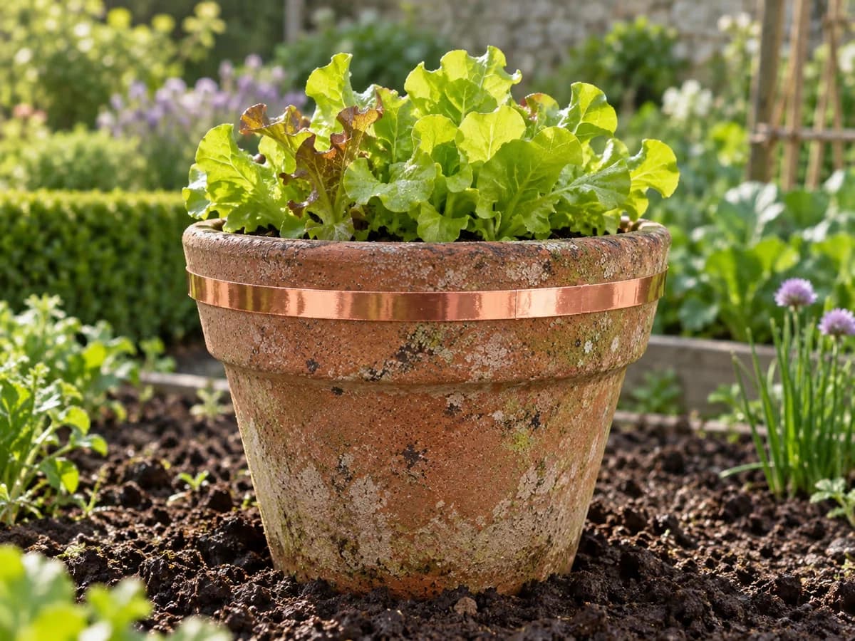 Ruban de cuivre adhésif brillant collé en continu autour du rebord d'un pot de terre cuite planté de jeunes salades