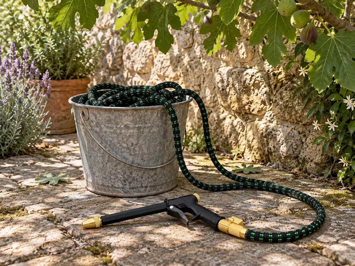Tuyau extensible revenu à sa longueur de repos, lové dans un seau en zinc posé contre un mur de pierre, à l'ombre d'un figuier