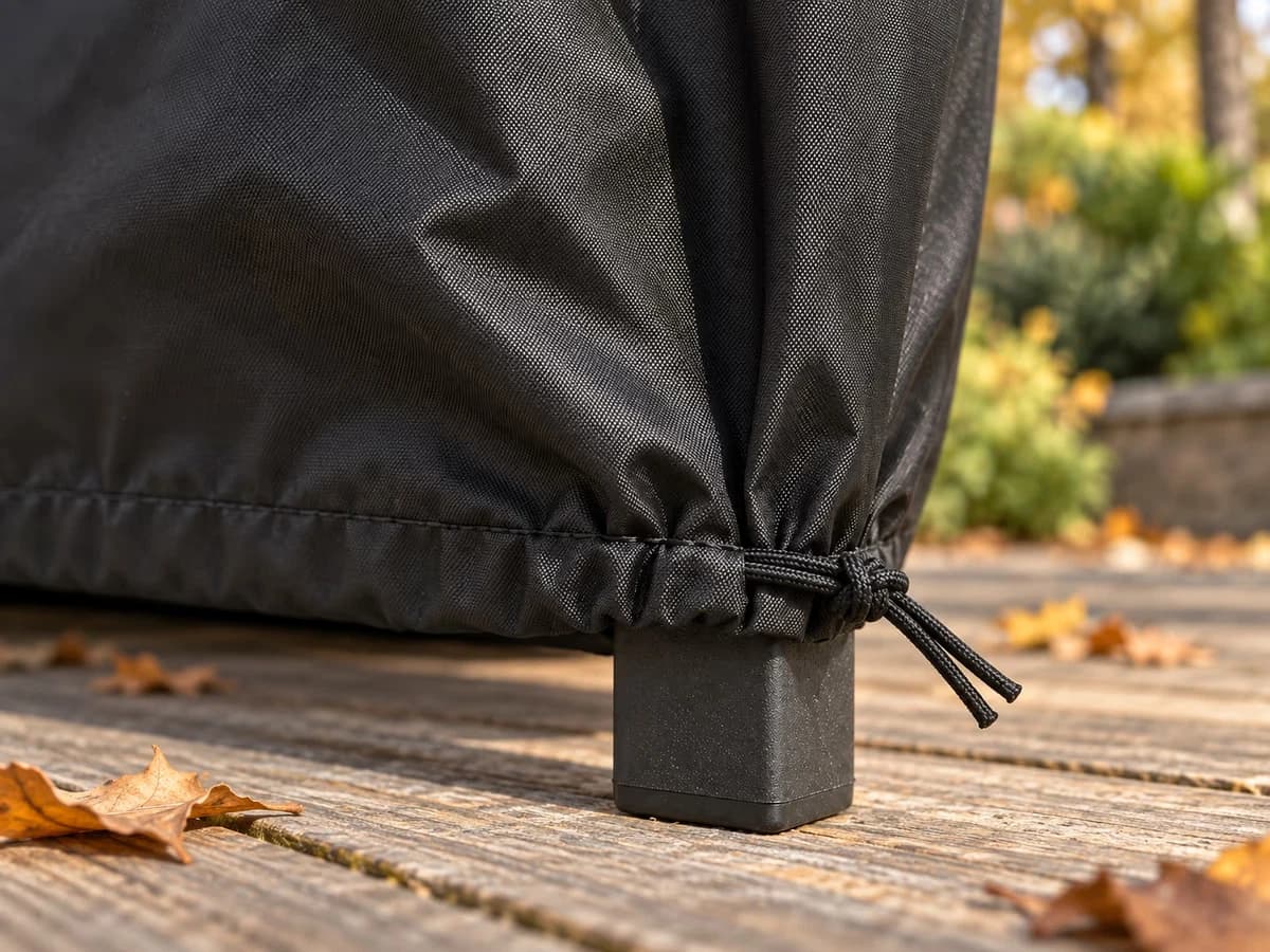 Bas d'une housse de table noire serré par un cordon noué autour de la base des pieds de la table, sur une terrasse en bois par jour sec d'automne