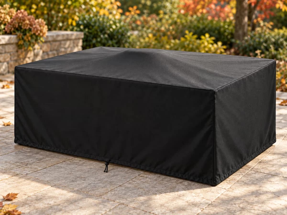 Table de jardin rectangulaire couverte d'une housse noire dont le centre forme une pente douce vers les bords, pot retourné sous la toile au milieu du plateau