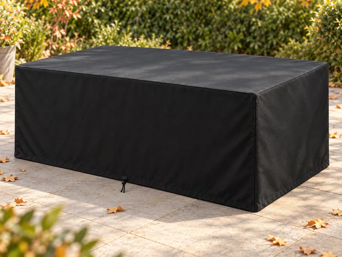 Housse noire à pans droits déployée sur une table de jardin rectangulaire en bois, retombée droite jusqu'aux dalles claires de la terrasse, à l'automne