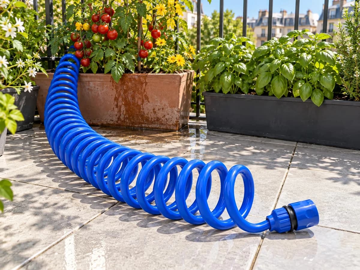 Tuyau spiralé bleu en boucles sur une terrasse en carrelage clair, jardinière de tomates cerises et bac de basilic au pied d'un garde-corps métallique, plein soleil