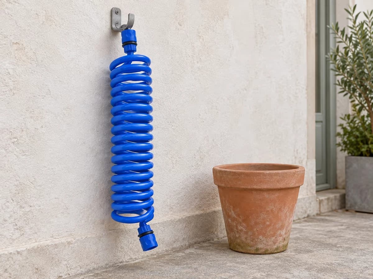 Tuyau spiralé bleu suspendu par son raccord à un crochet métallique sur un mur de balcon à l'ombre, boucles serrées et régulières, pot de terre cuite vide posé dessous