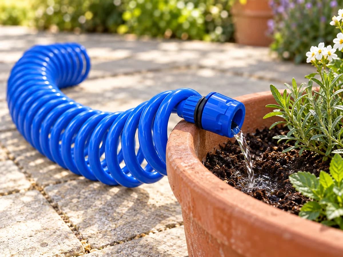 Tuyau spiralé bleu ouvert à son embout, dernière eau s'écoulant dans une jardinière de terre cuite posée sur une dalle de terrasse, boucles encore serrées en arrière-plan