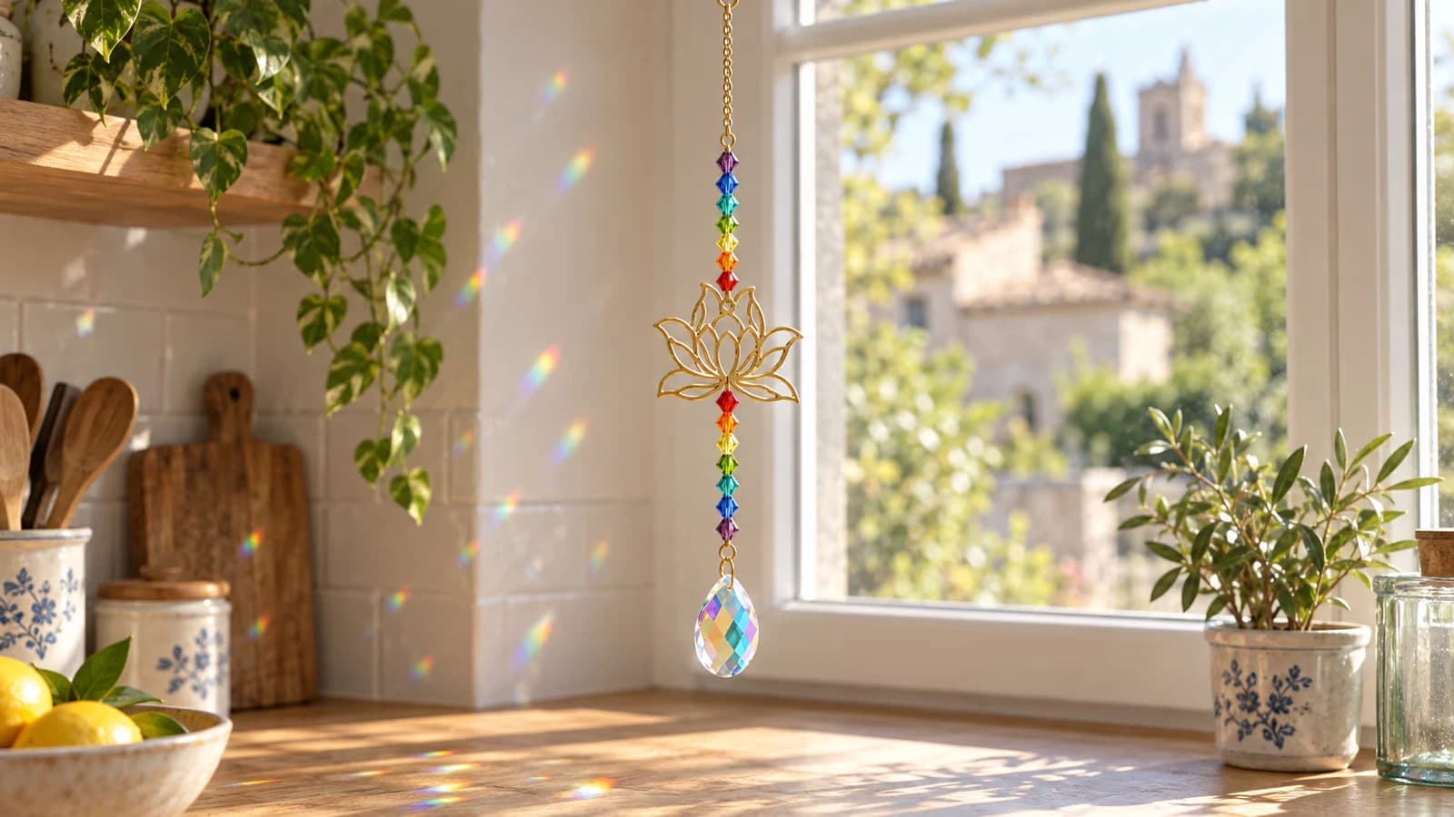Un attrape-soleil au motif floral suspendu près d'une fenêtre de cuisine