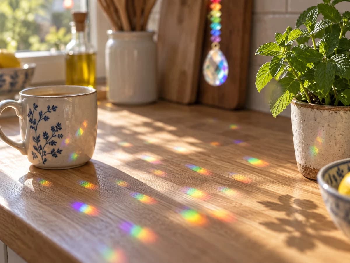 Taches de lumière colorée projetées sur le plan de travail d'une cuisine