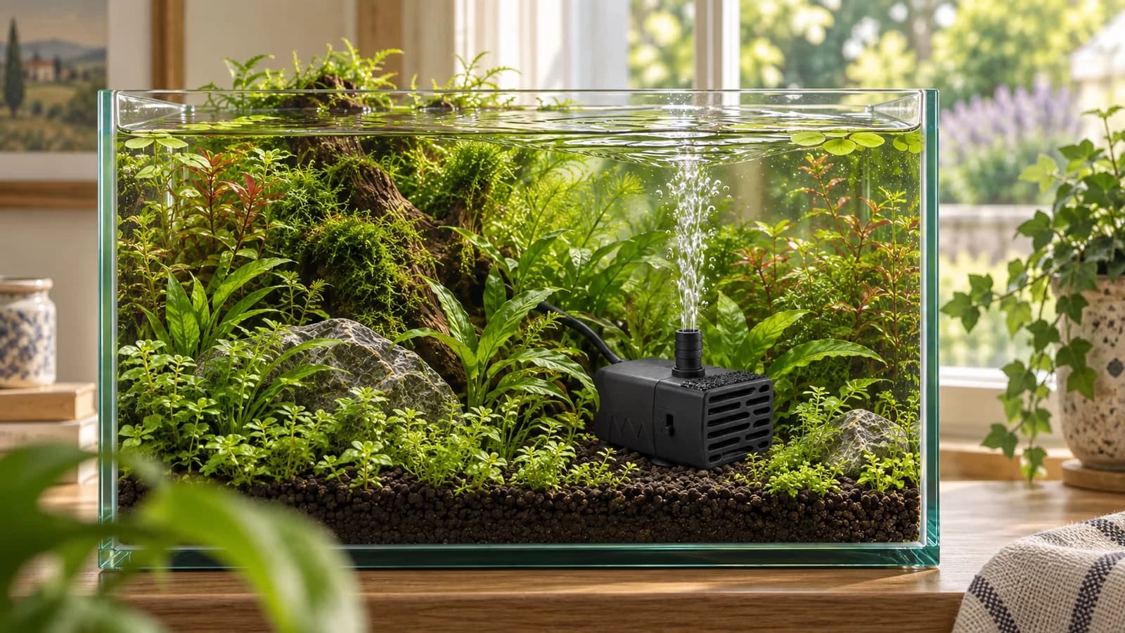 Pompe aquarium USB réglable immergée avec jet orienté vers la surface
