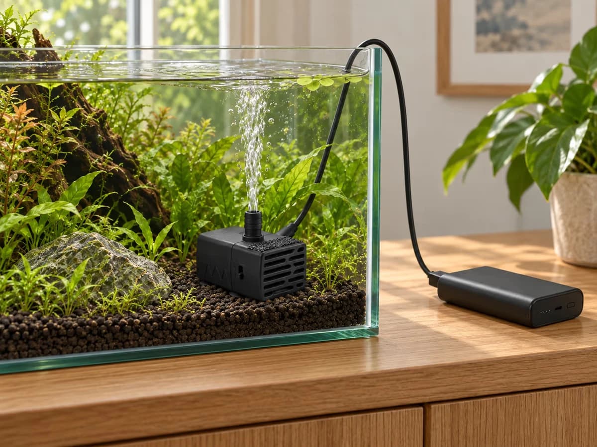 Câble USB d'une pompe relié à une batterie externe posée près du bac