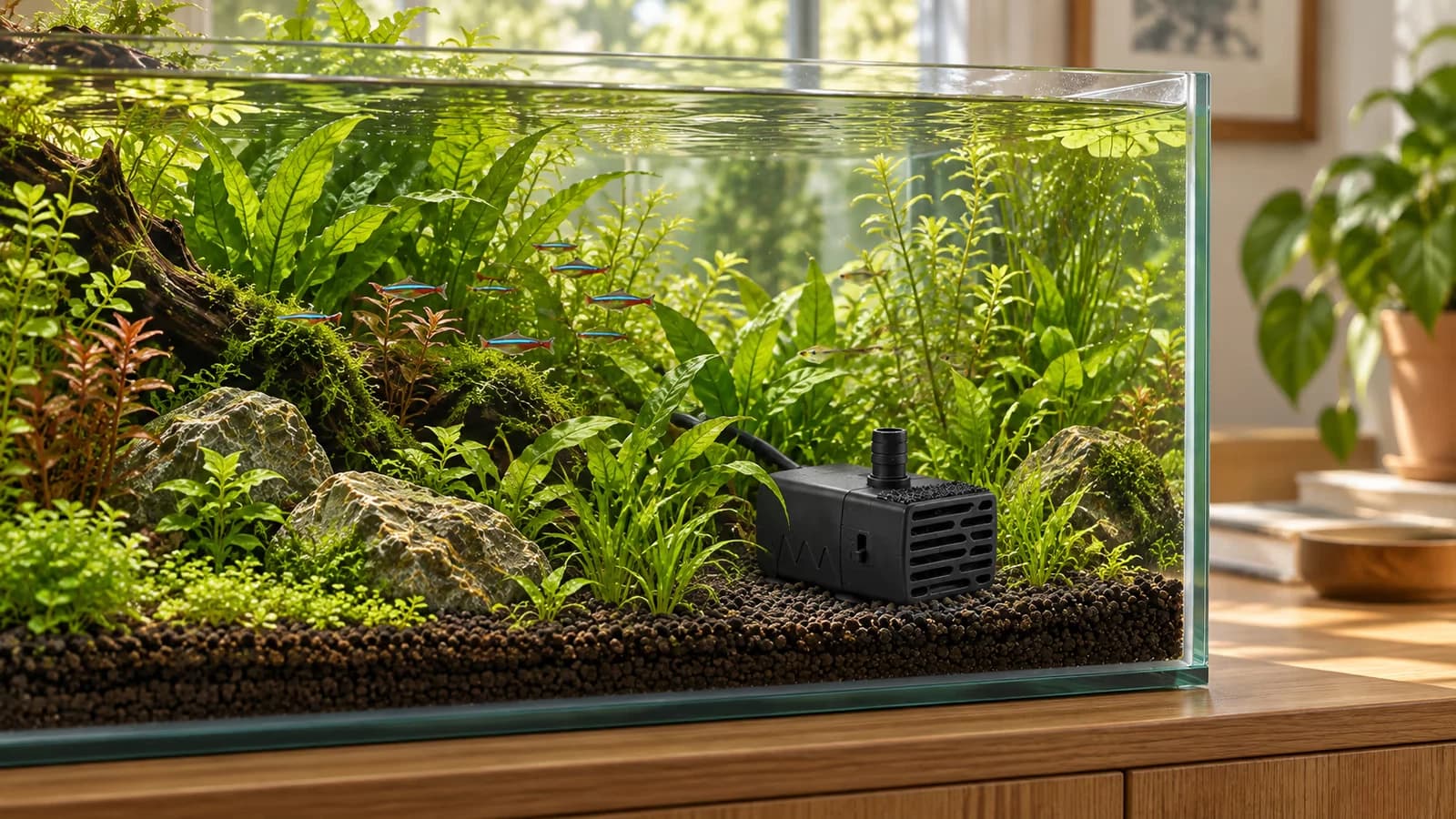 Un nano aquarium planté bien éclairé avec un léger mouvement ondulant à la surface de l'eau