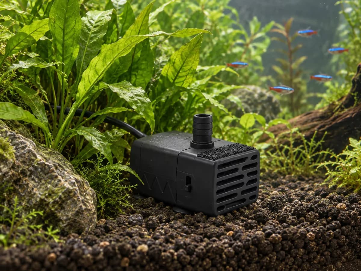 Une petite pompe de circulation submersible installée discrètement au fond d'un aquarium à côté d'un buisson de plantes vertes