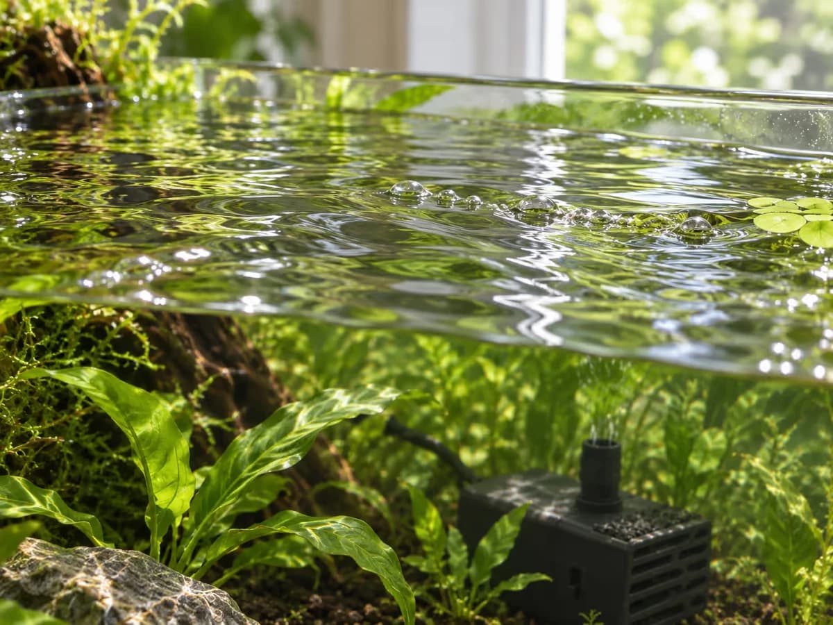 Gros plan sur la surface d'un aquarium montrant de petites bulles et des ondulations régulières créées par un flux d'eau