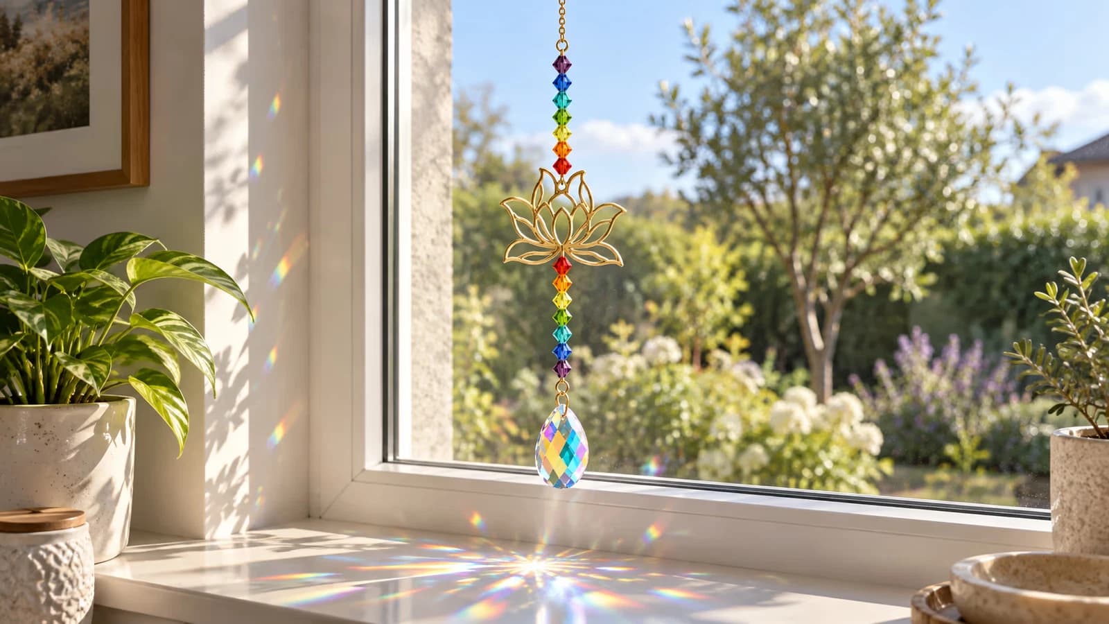 Un attrape-soleil en verre suspendu à une fenêtre, traversé par la lumière du soleil