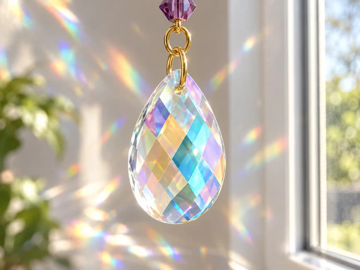 Une grosse goutte de verre facettée renvoyant de multiples reflets colorés