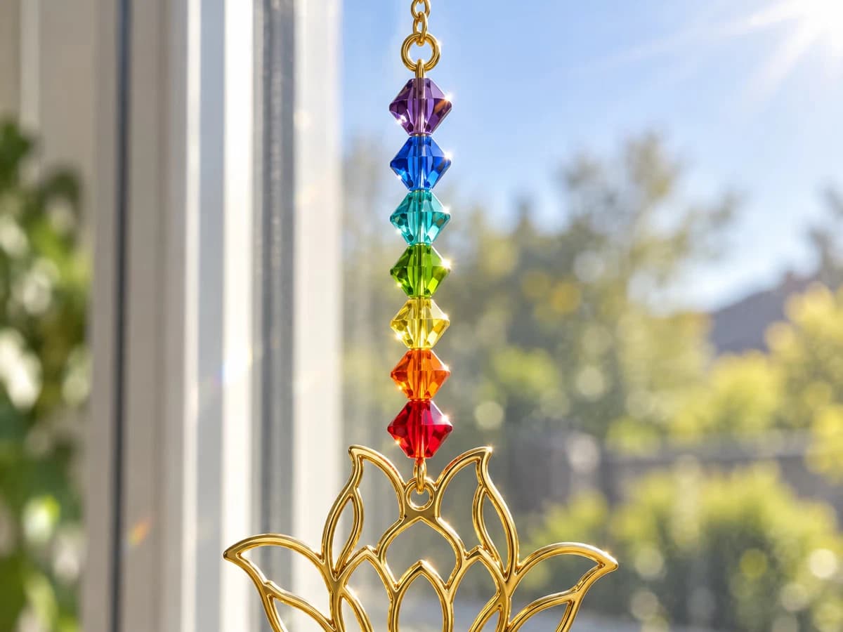 Gros plan sur des perles de verre coloré brillant à la lumière du soleil devant une vitre