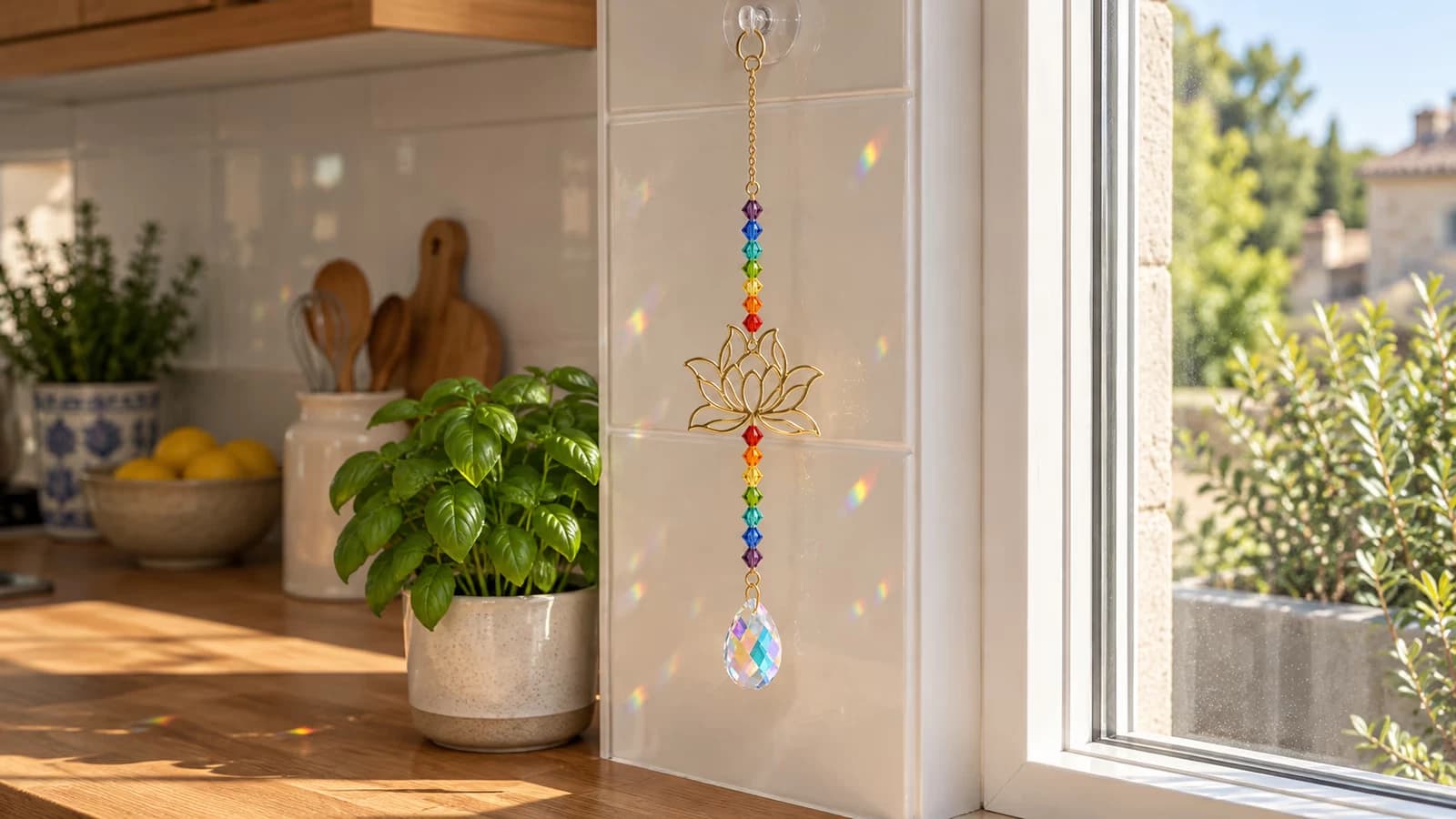 Attrape-soleil fleur de lotus suspendu à une ventouse sur le carrelage d'une cuisine lumineuse