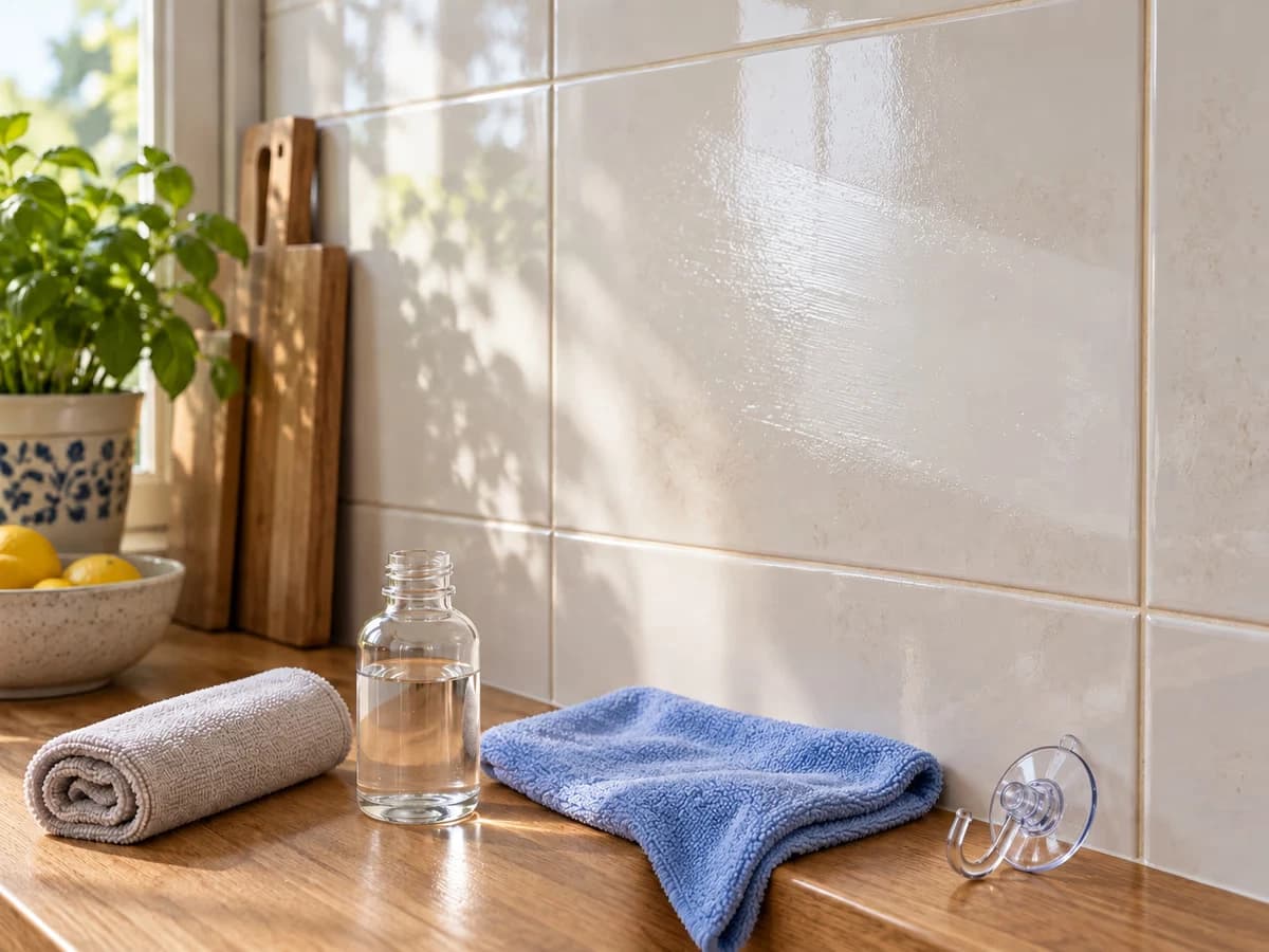 Nettoyage du carrelage mural lisse avec un chiffon avant fixation d'une ventouse