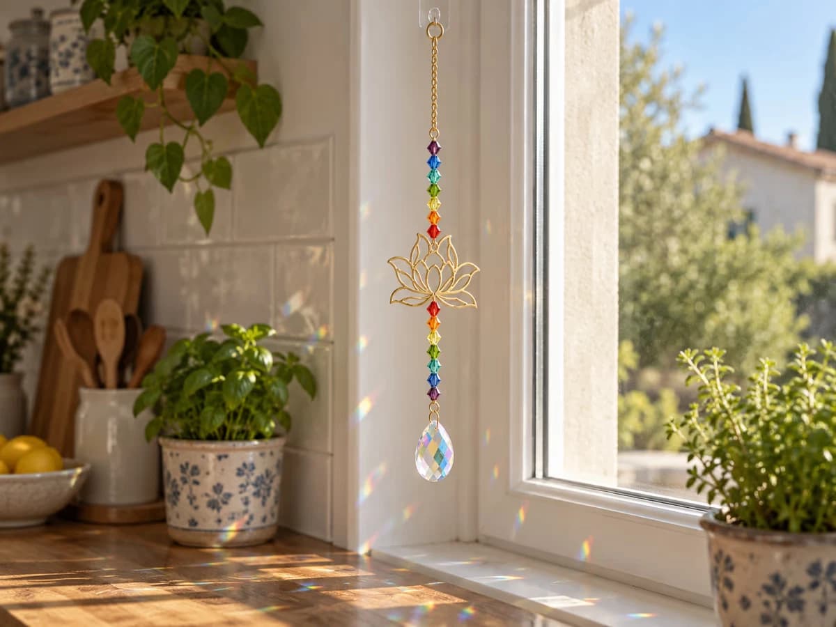 L'attrape-soleil suspendu devant la fenêtre de la cuisine diffusant la lumière matinale