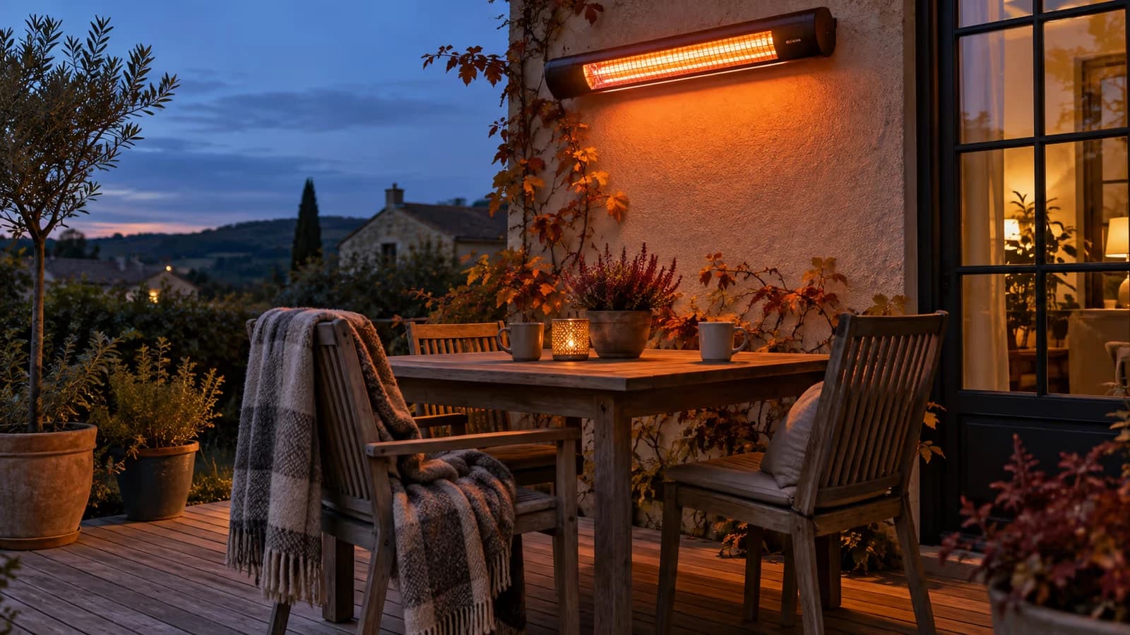 Terrasse en bois à la tombée du jour, un chauffage radiant à tube infrarouge fixé au mur diffuse une lueur orangée au-dessus d'une table et de chaises