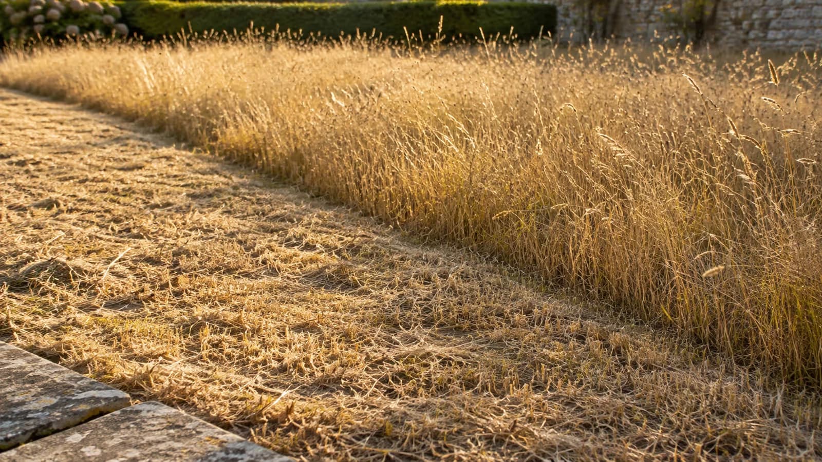 Bande d'herbe sèche haute fauchée sur la moitié de sa largeur, côté coupé net au premier plan et touffes encore debout au fond