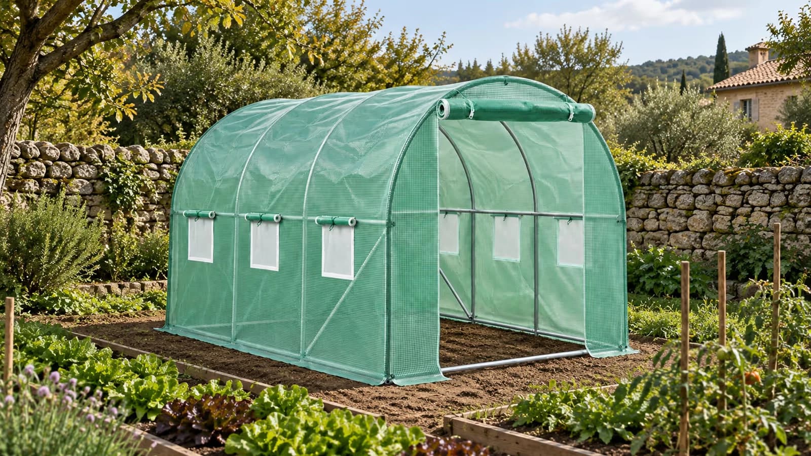 Serre tunnel de marche à cadre acier galvanisé montée dans un potager, bâche tendue et porte à enrouler ouverte