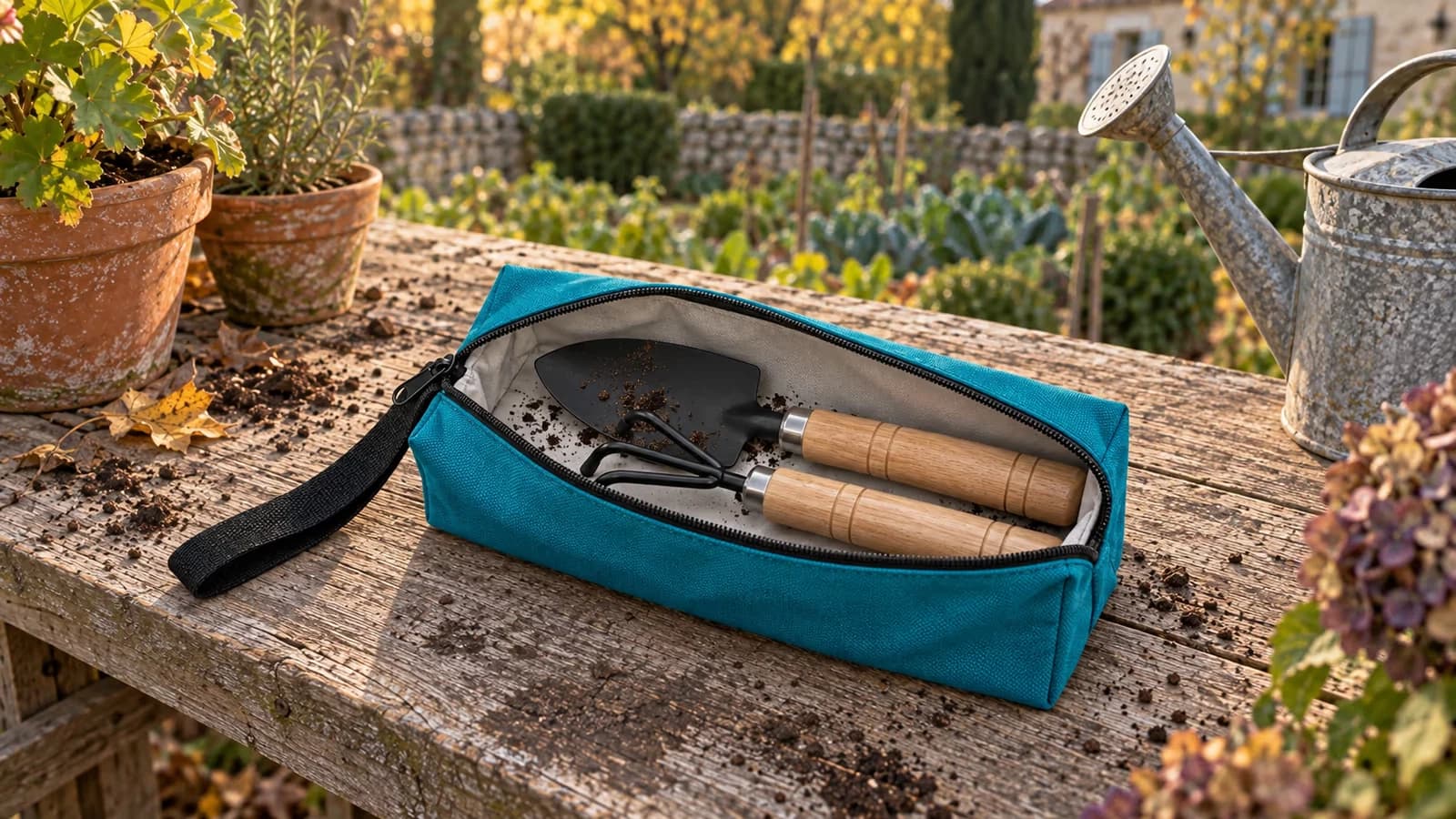 Pochette à outils en toile turquoise ouverte sur un établi de bois, glissière déployée sur toute la longueur, trois outils à main posés au fond